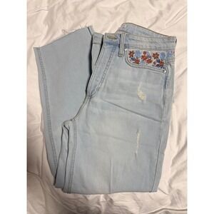 LC Lauren Conrad Floral Embroidered Wide Leg Jeans Light Wash Distressed Raw Hem